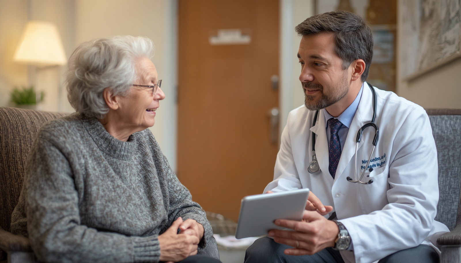 Healthcare professional explaining coverage options to a senior woman, representing AARP Medicare Supplement plans.