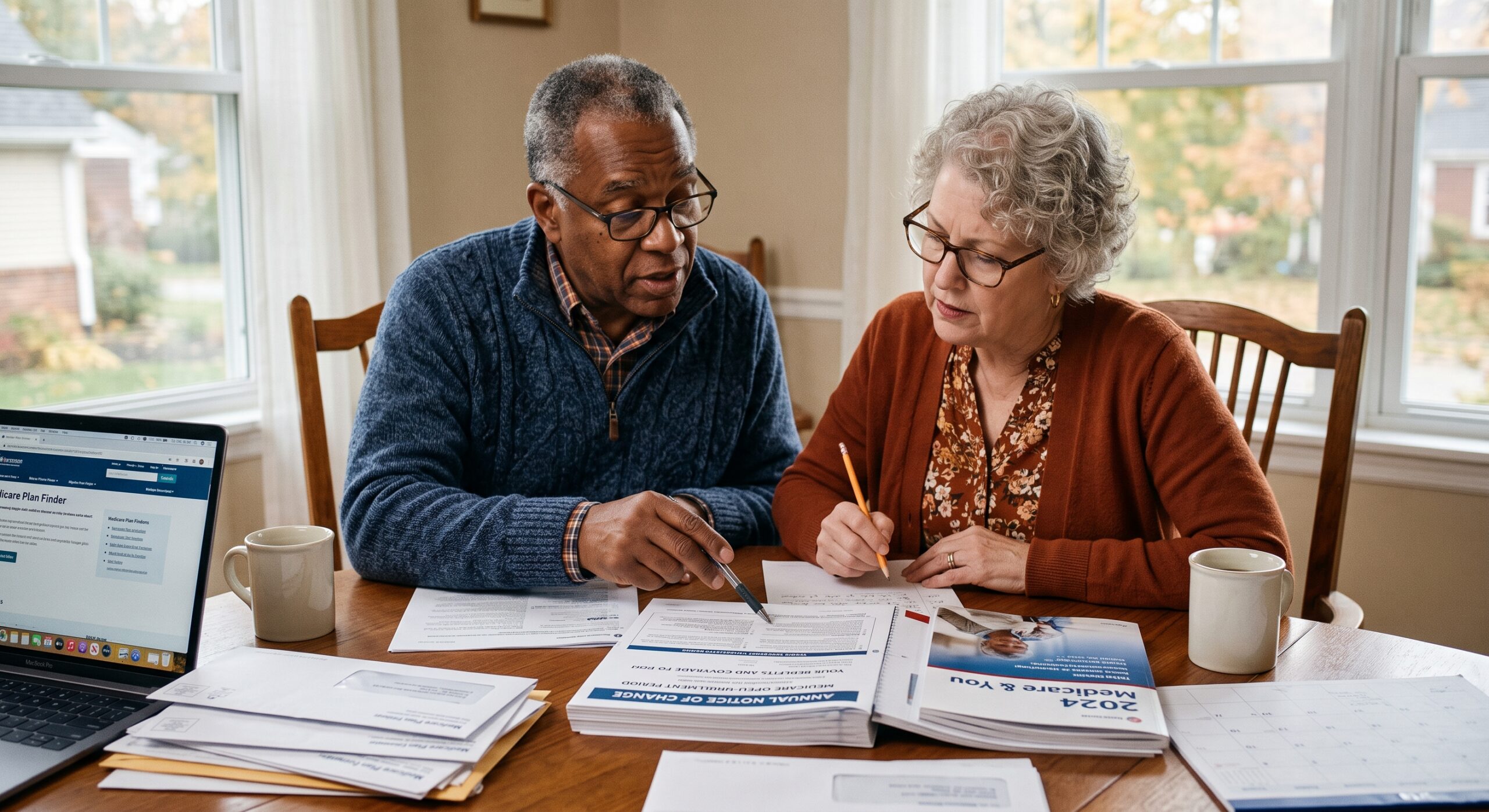 A couple reviewing their Annual Notice of Change during open enrollment for Medicare.